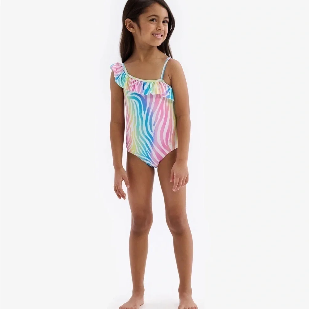 Hatley‎ One Shoulder Ruffle Swimsuit (Rainbow Zebra) size 2T